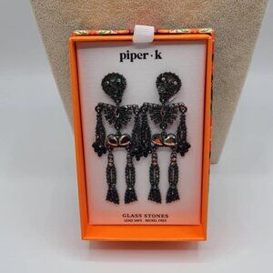 Piper K Black Glass Skeleton Drop Earrings Studs NWT! NEW!  HALLOWEEN